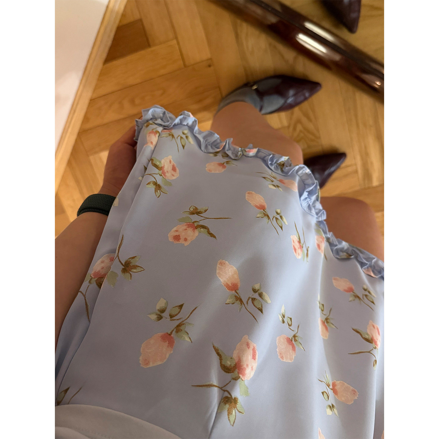 鬼鬼家正品韩代东大门 氛围感甜美少女玫瑰印花木耳边半身裙短裙