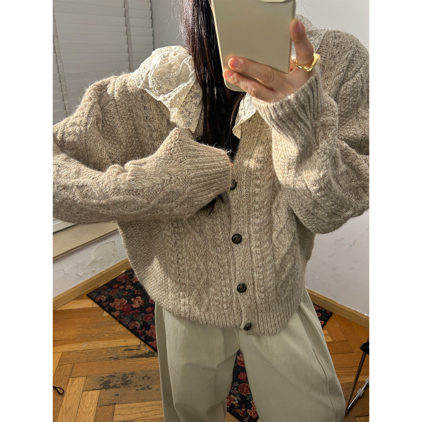 鬼鬼家正品韩代东大门冬 甜美精致蕾丝大翻领麻花纹针织开衫毛衣