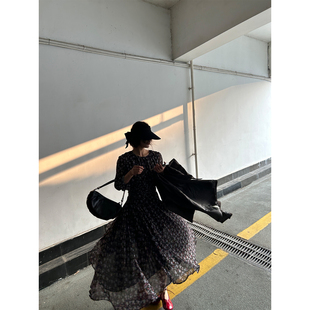 茶歇裙雪纺褶皱连衣裙 重工长裙碎花法式 鬼鬼家正品 韩代东大门