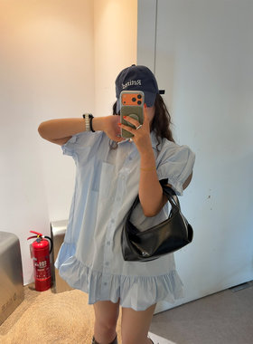 鬼鬼家 韩代东大门秋冬甜美纯色荷飞边泡泡袖宽松衬衫连衣裙