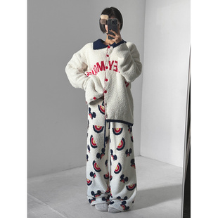 可外穿 girl卡通字母毛茸茸撞色睡衣睡裤 鬼鬼家正品 韩代东大门冬