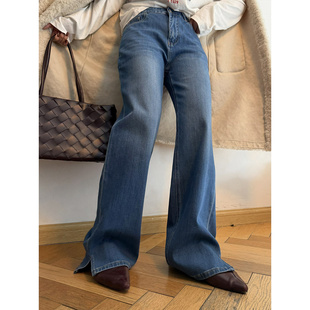 鬼鬼家正品韩代东大门 炒显腿长~复古显瘦水洗磨白侧开叉牛仔长裤