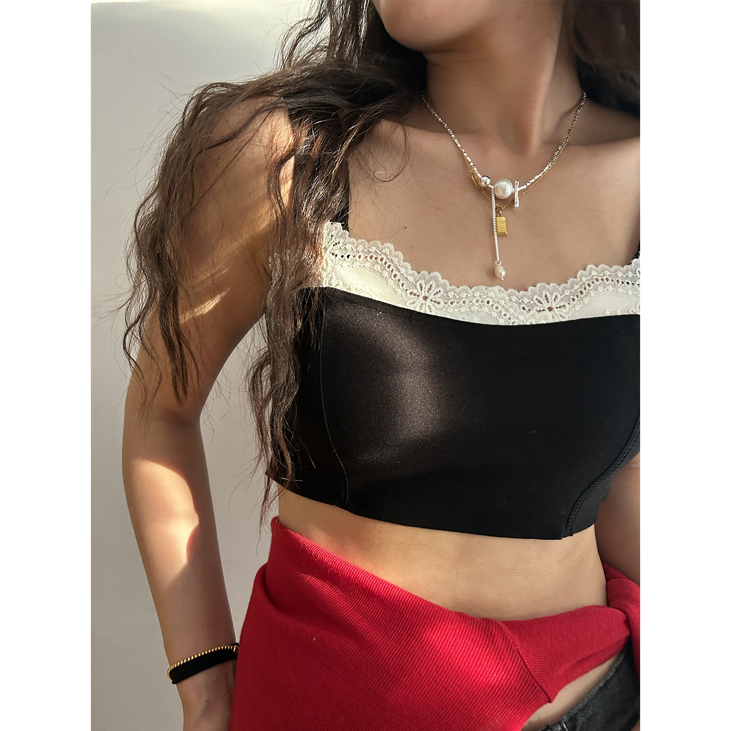 鬼鬼家正品韩代东大门秋冬 小暖炉蕾丝短款吊带背心女一体带胸垫