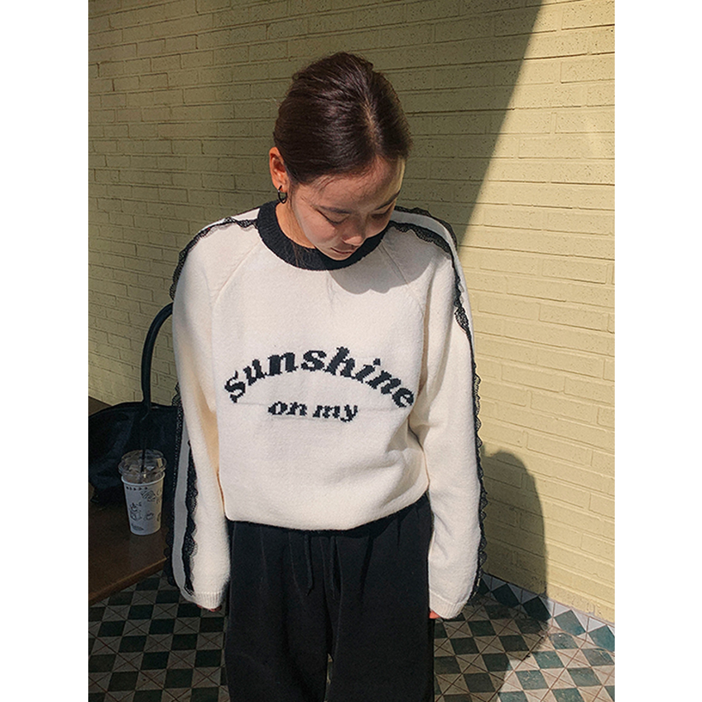 鬼鬼家正品韩代东大门秋冬 学院风字母提花慵懒风软糯套头毛衣女