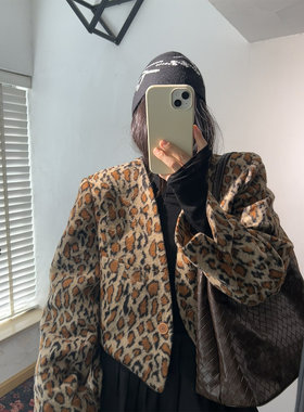 鬼鬼家韩代东大门 时髦豹子女士羊毛呢腰带保暖优雅小外套