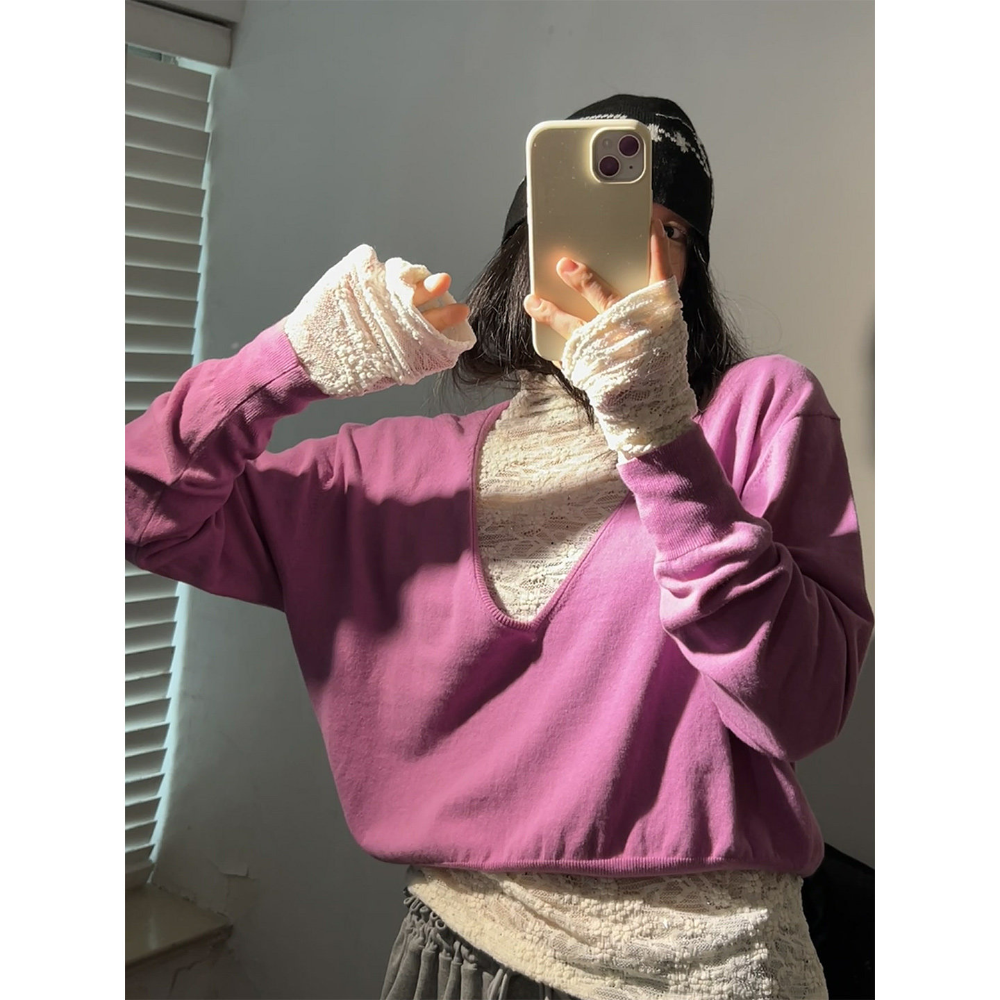 现货 正品韩代东大门秋冬 粉灰两色慵懒百搭大V领长袖套头针织衫