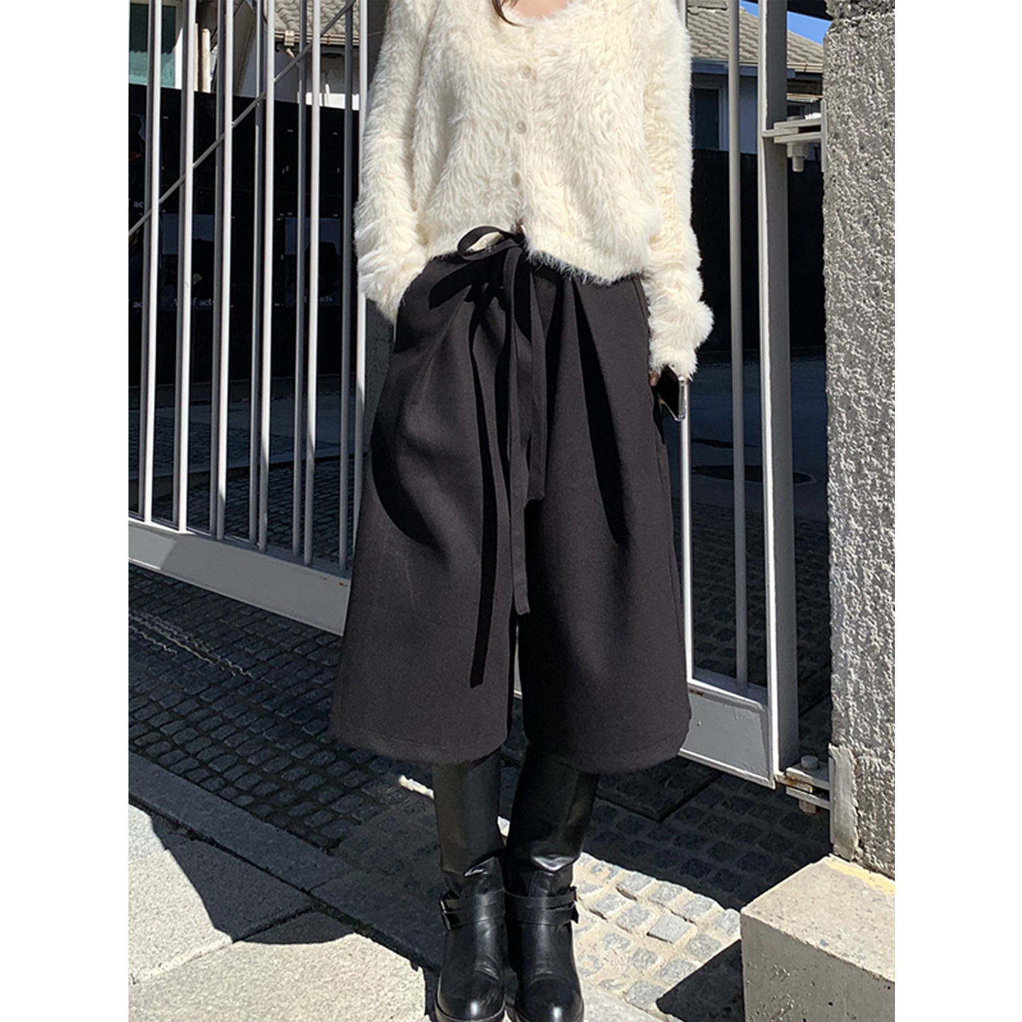 鬼鬼家正品韩代东大门秋冬 慵懒简约宽松显瘦系带阔腿裤七分裤女