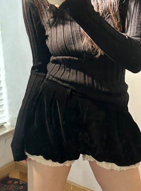 鬼鬼家 韩代东大门复古少女蕾丝花边丝绒压褶花苞裤休闲短裤