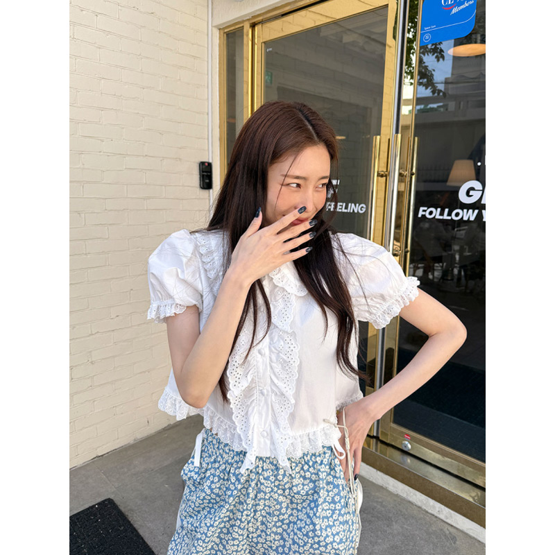 鬼鬼家正品韩代东大门 25夏甜美减龄娃娃领蕾丝花边泡泡短袖衬衫