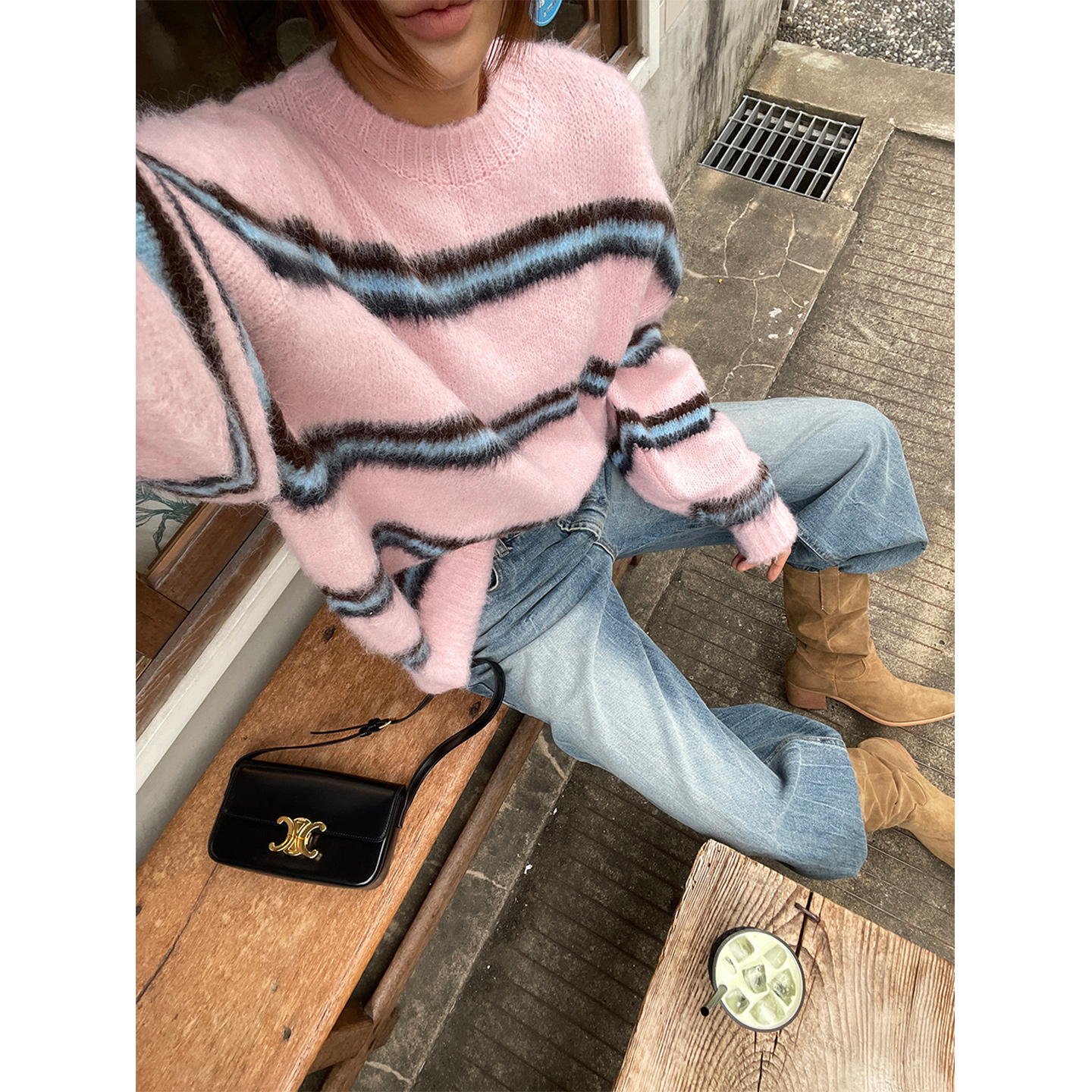 鬼鬼家正品韩代东大门秋冬 甜美软糯撞色条纹毛毛圆领套头毛衣女