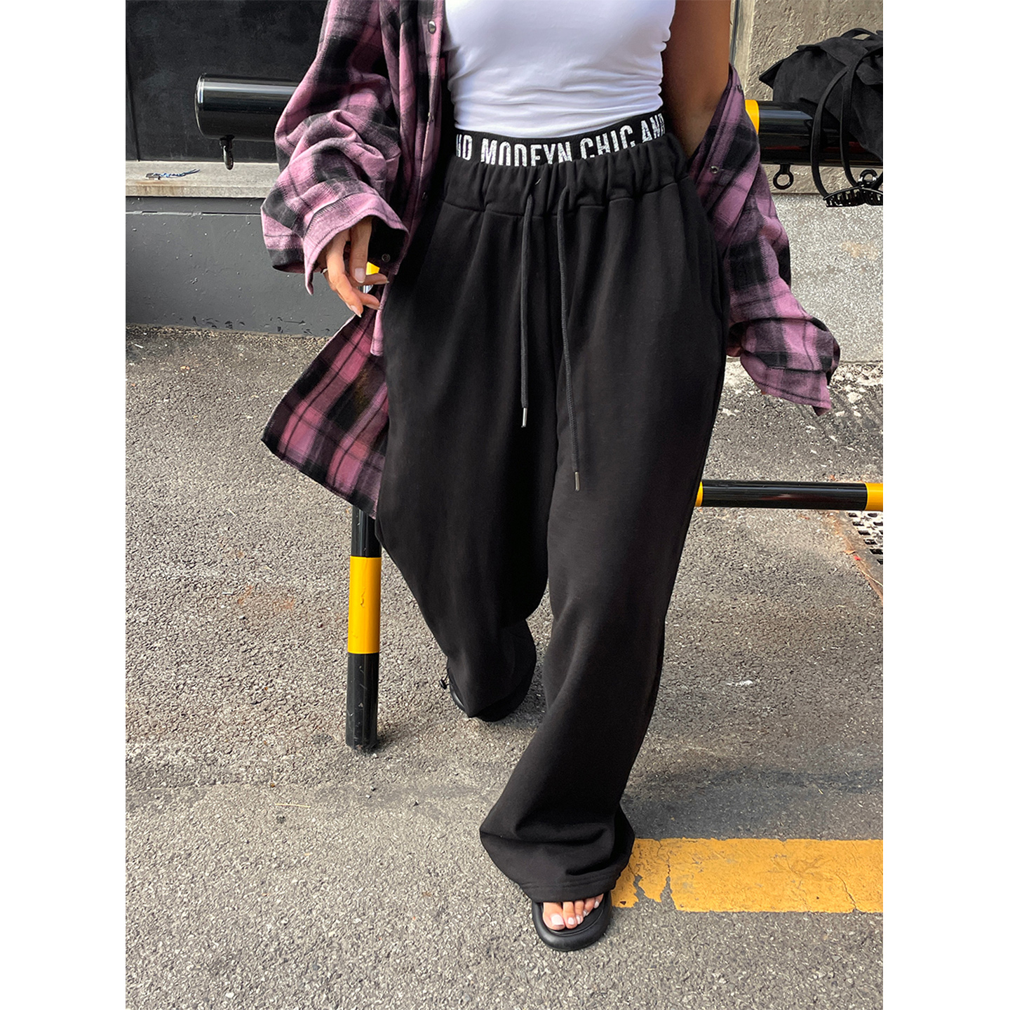 鬼鬼家正品韩代东大门秋冬 时髦帅气字母双腰头松紧抽绳休闲长裤