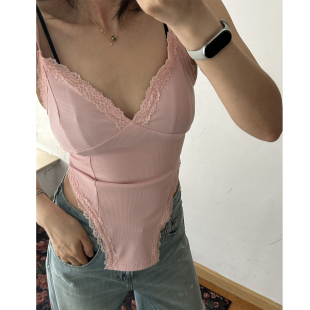 部分现货韩代东大门夏 甜辣风蕾丝花边V领不规则针织吊带背心