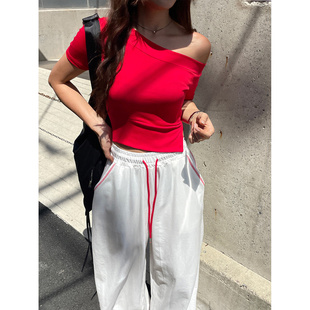 露肩设计感上衣 鬼鬼家正品 韩代东大门 25夏纯色修身 显瘦简约短款