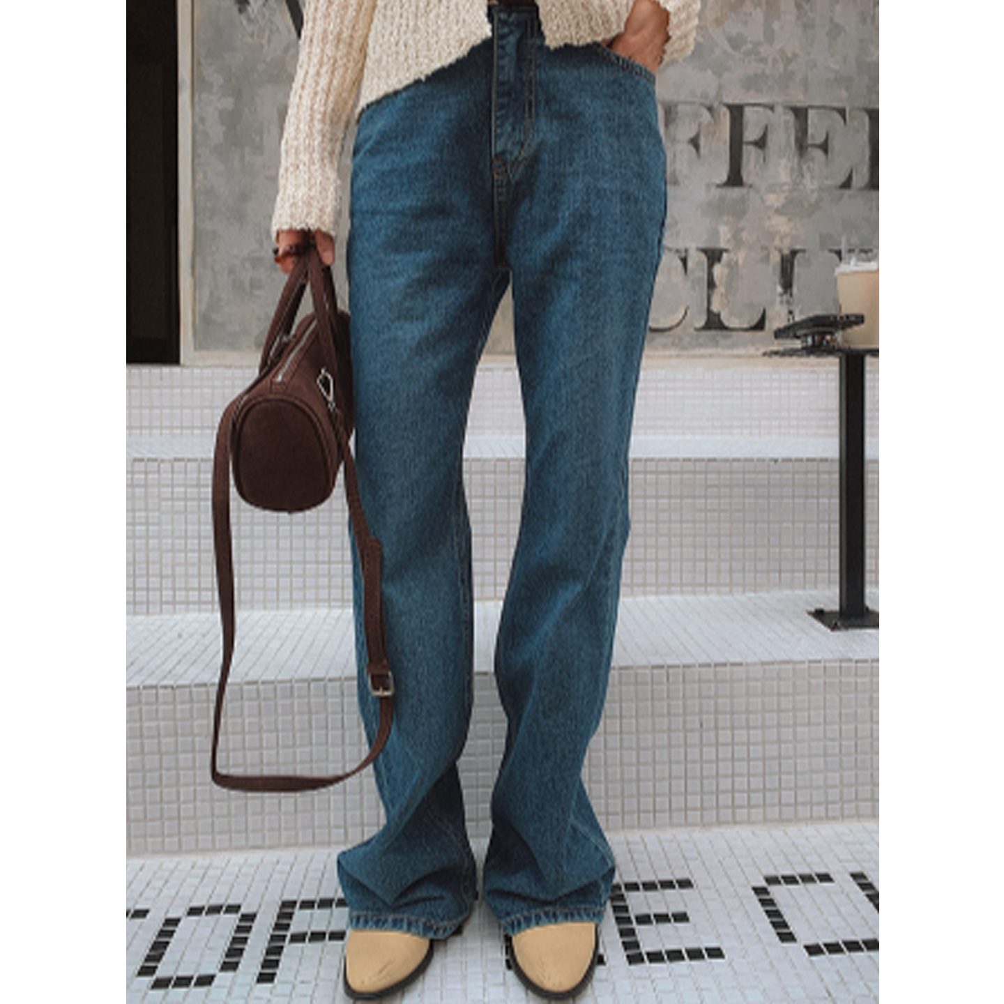 鬼鬼家正品韩代东大门秋冬 复古高腰微喇显瘦宽松休闲牛仔裤长裤