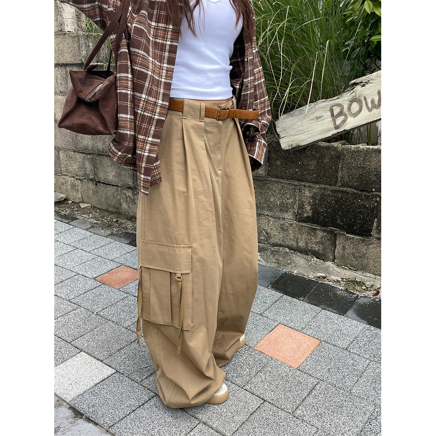 鬼鬼家正品韩代东大门秋冬 复古宽松阔腿大口袋工装裤休闲长裤女