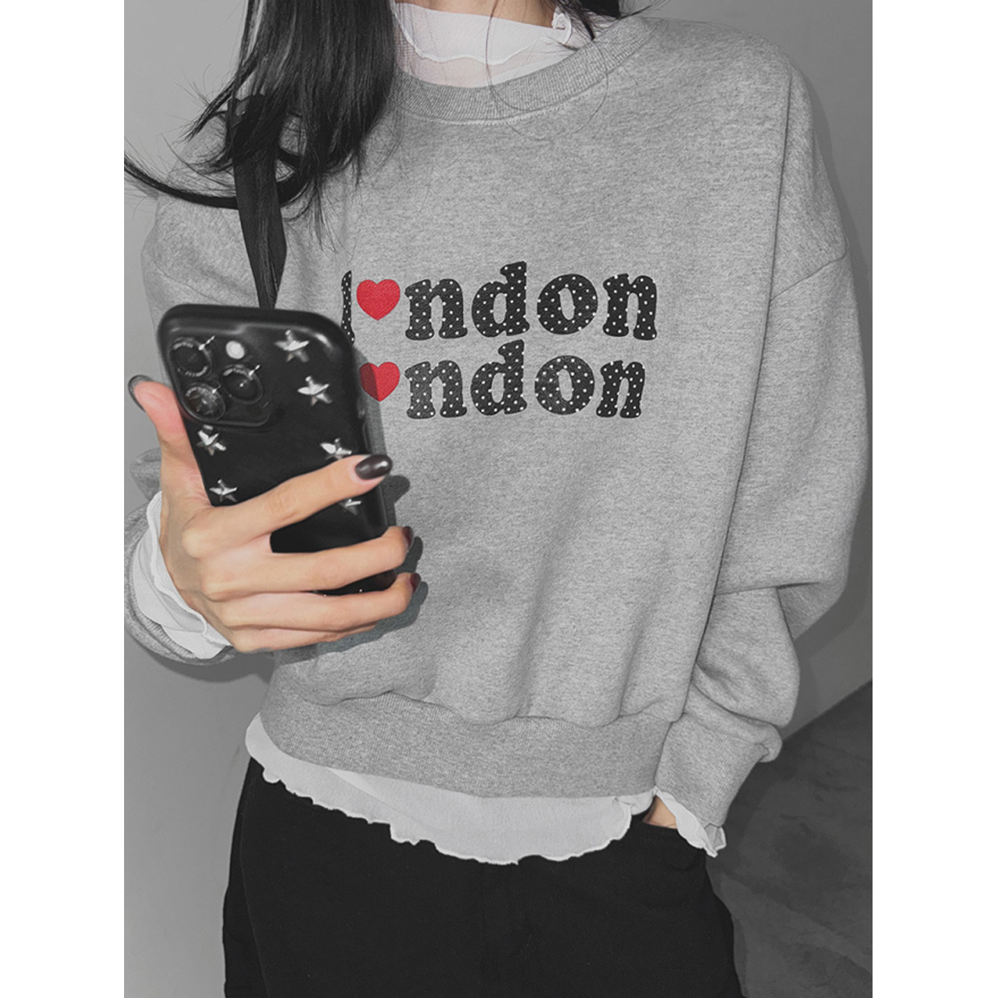 鬼鬼家正品韩代东大门冬 girl爱心字母印花宽松圆领长袖加绒卫衣