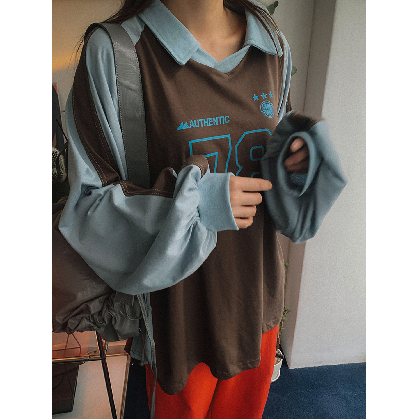 鬼鬼家正品韩代东大门秋冬 时髦字母印花拼色长袖翻领宽松休闲T恤