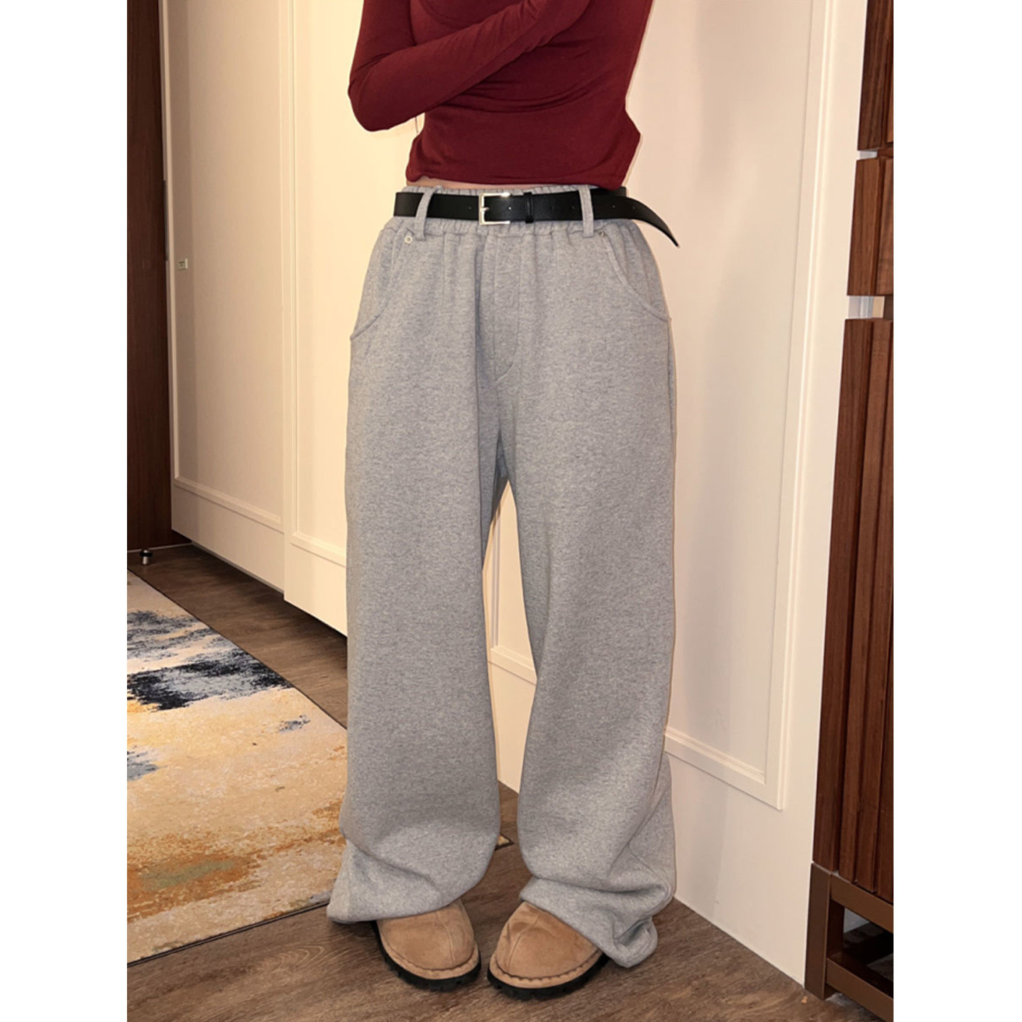 鬼鬼家正品韩代东大门冬 松弛风直筒垂感休闲拖地长裤卫裤配腰带