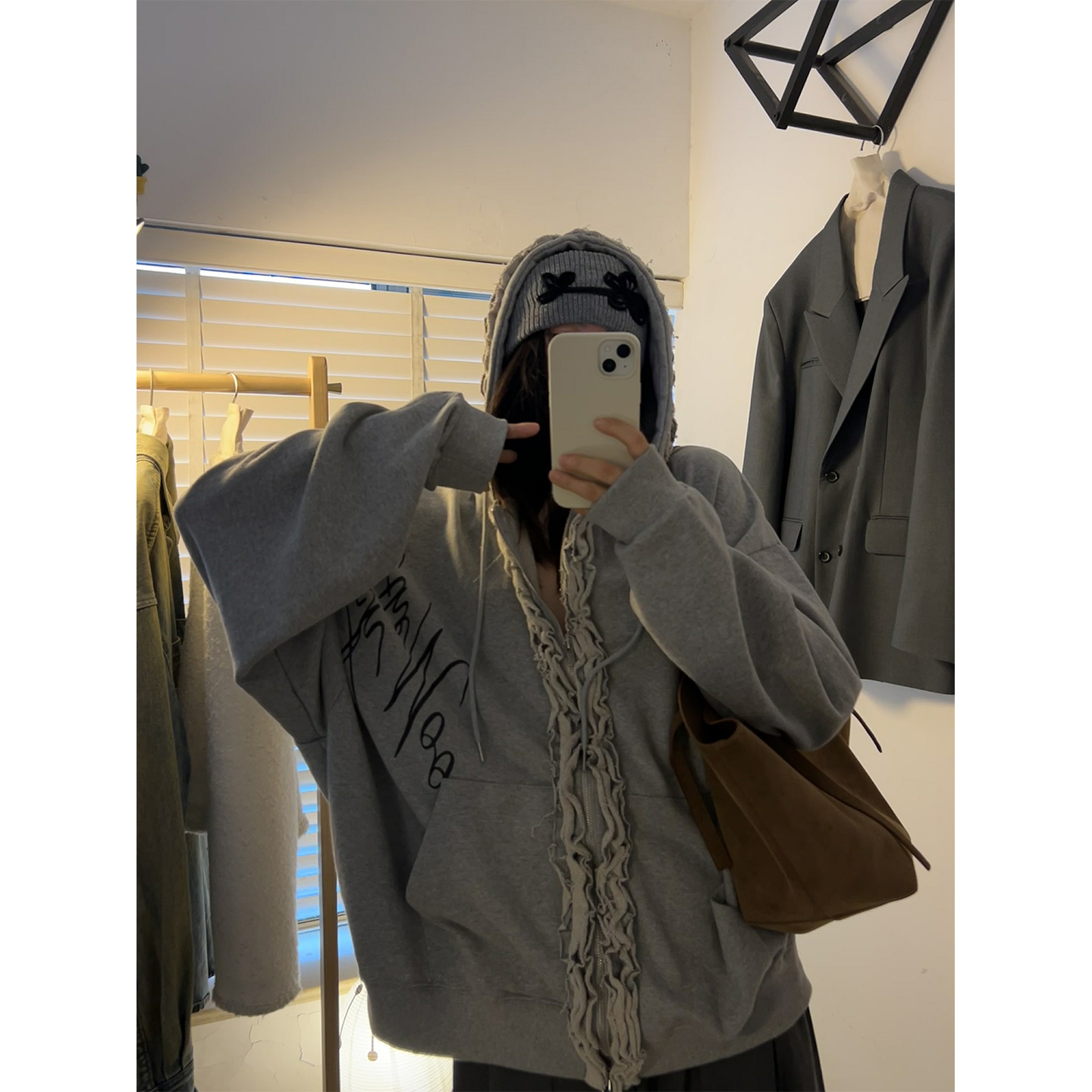 鬼鬼家正品韩代东大门 oversize宽松木耳边连帽卫衣毛圈外套叠穿