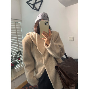 鬼鬼家韩代东大门 少女气质感侧蝴蝶结羊毛呢温油奶茶外套
