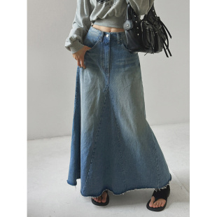 牛仔半身裙 girl高腰显瘦做旧毛边长款 鬼鬼家正品 韩代东大门秋冬