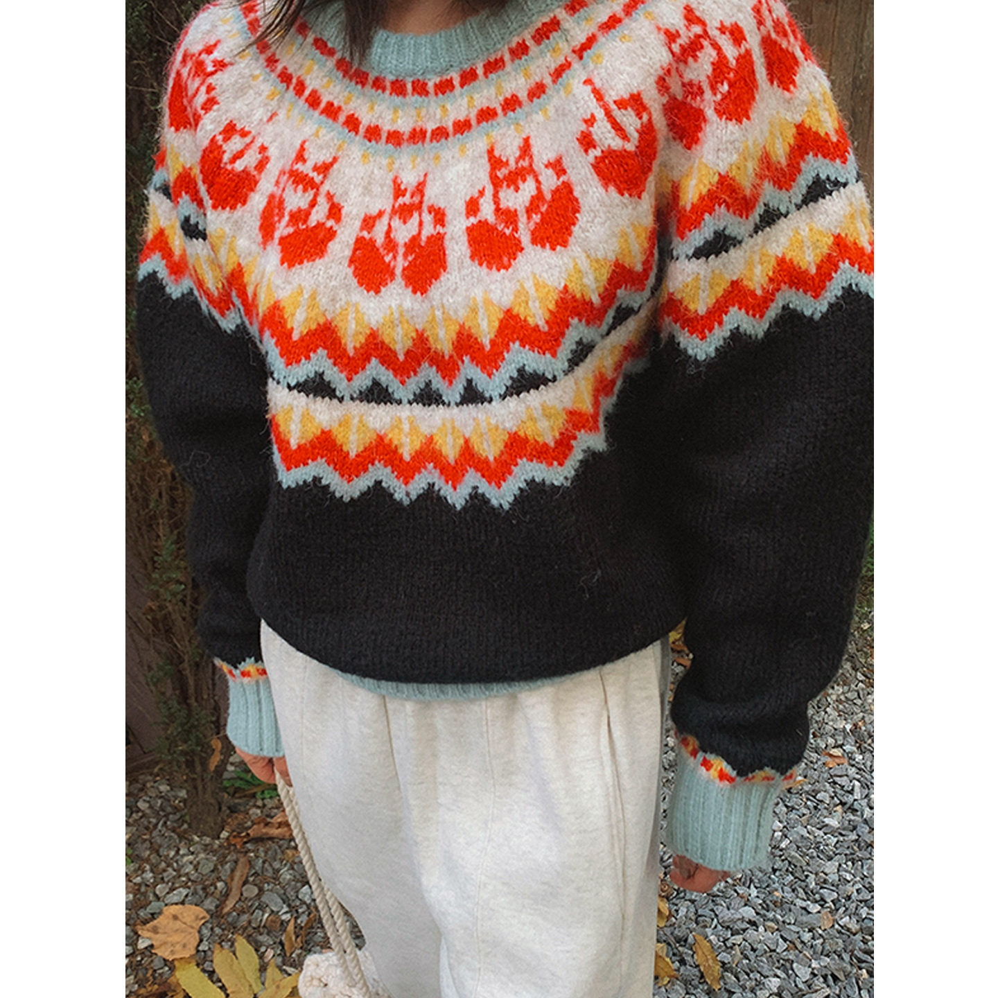 鬼鬼家正品韩代东大门秋冬 复古拼色花纹宽松圆领套头毛衣针织衫