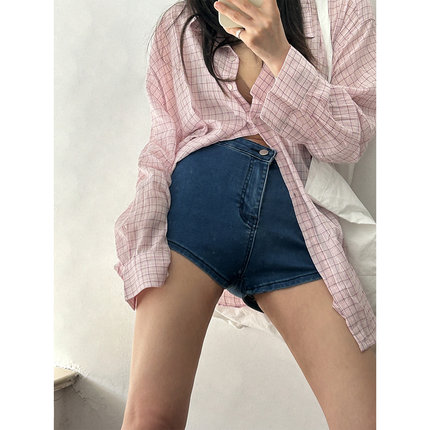部分现货正品韩代东大门夏蜜桃臀高腰显瘦大弹力深蓝热裤短裤百搭