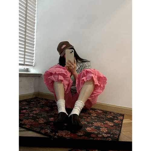 鬼鬼家 正品韩代东大门夏甜美风蕾丝镂空边花苞裤脚阔腿休闲长裤