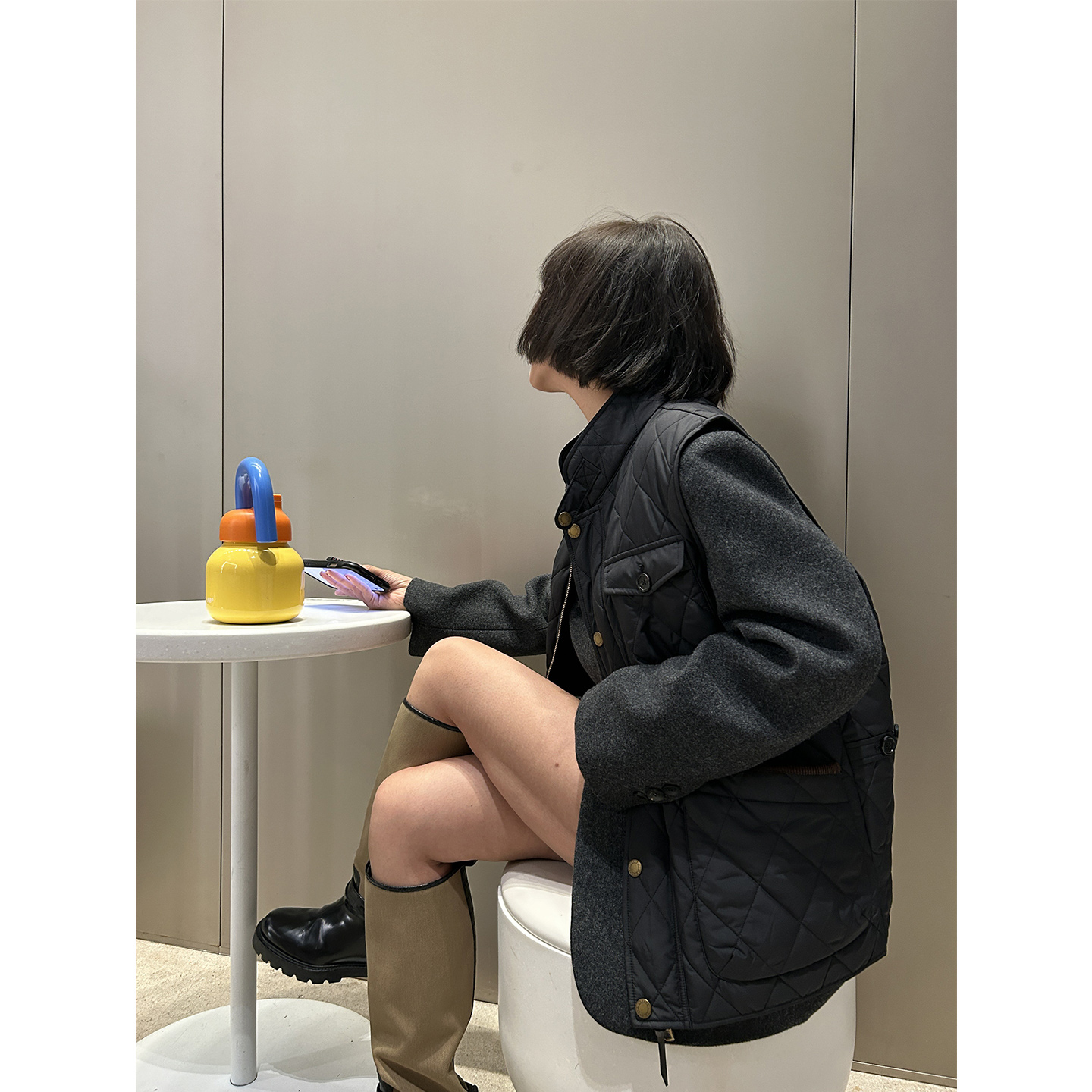 W鬼鬼家正品韩代秋冬 简约设计感宽松菱形线棉显瘦立领马夹