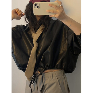 外套B入 高级廓肩底抽绳pu材质皮衣衬衫 鬼鬼家正品 韩代东大门