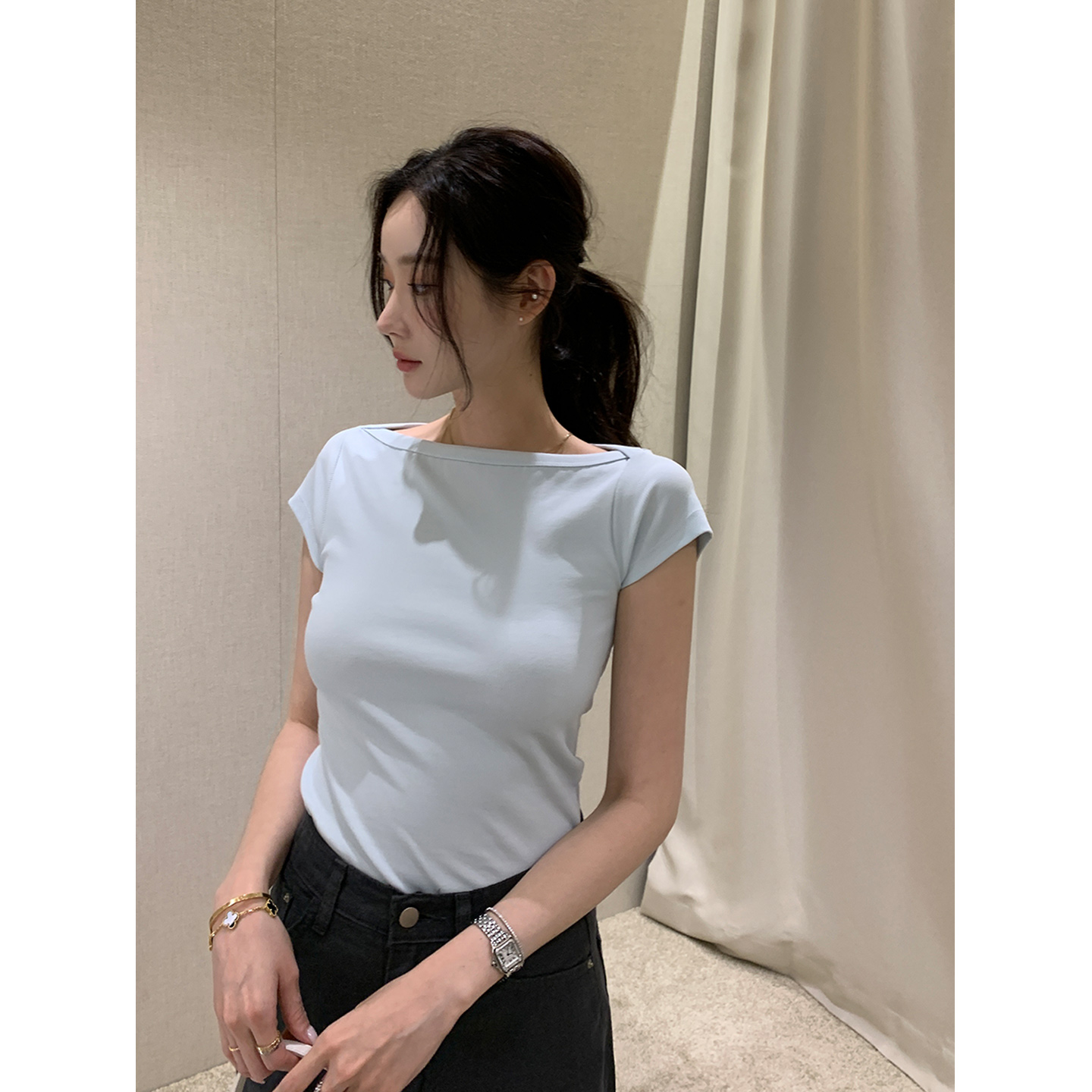 鬼鬼家正品韩代东大门 25夏基础纯色一字肩修身短袖T恤显瘦上衣女