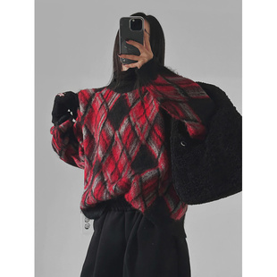 girl撞色菱格纹羊毛混纺宽松套头针织衫 鬼鬼家正品 韩代东大门冬