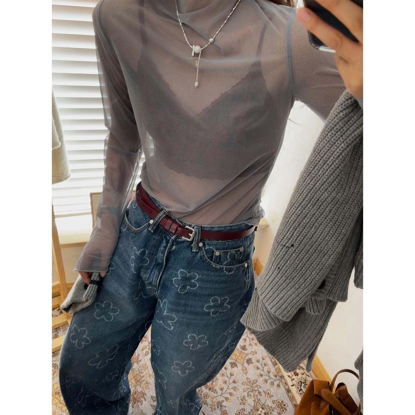 鬼鬼家正品韩代东大门秋冬 半高领网纱透视打底衫弹力圆领叠穿T恤