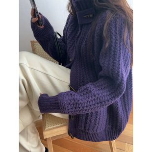 少量现货正品韩代东大门冬复古慵懒针织毛衣外套牛角扣粗针纯羊毛