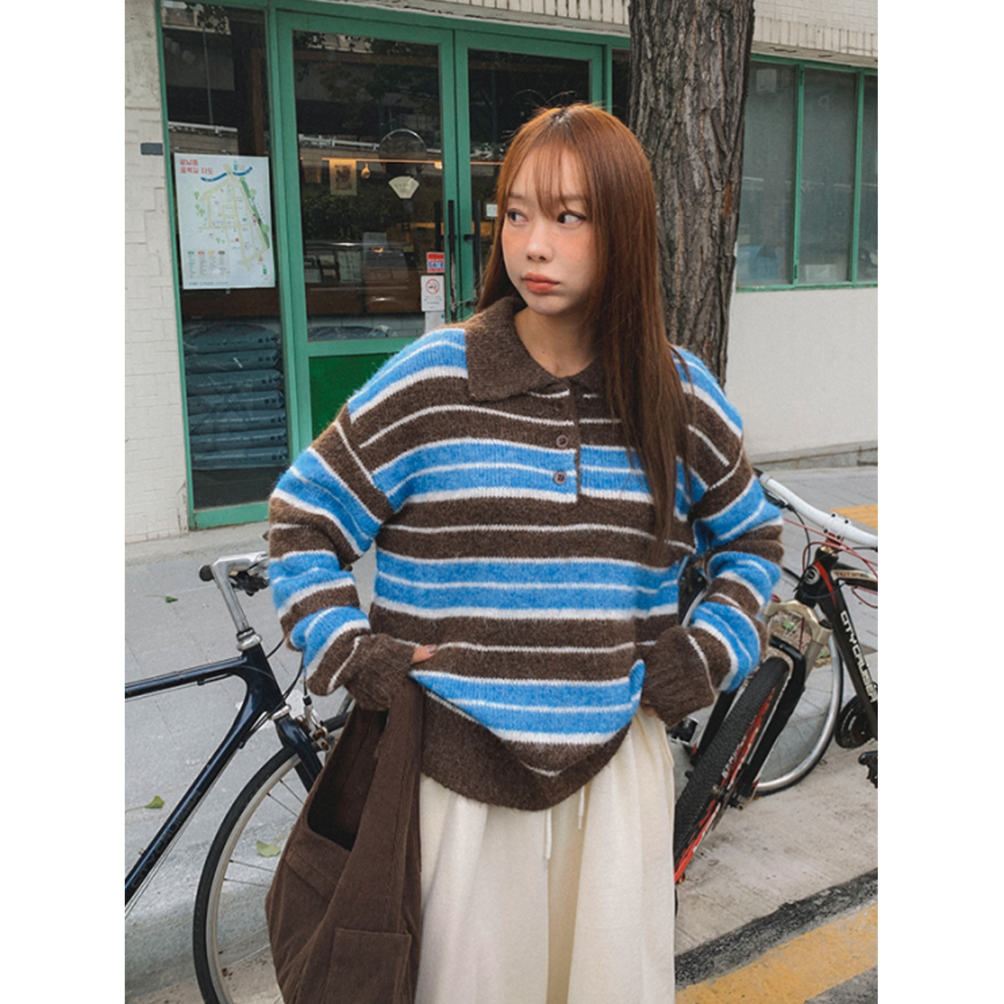 鬼鬼家正品韩代东大门秋冬 慵懒风撞色条纹翻领针织衫套头毛衣女