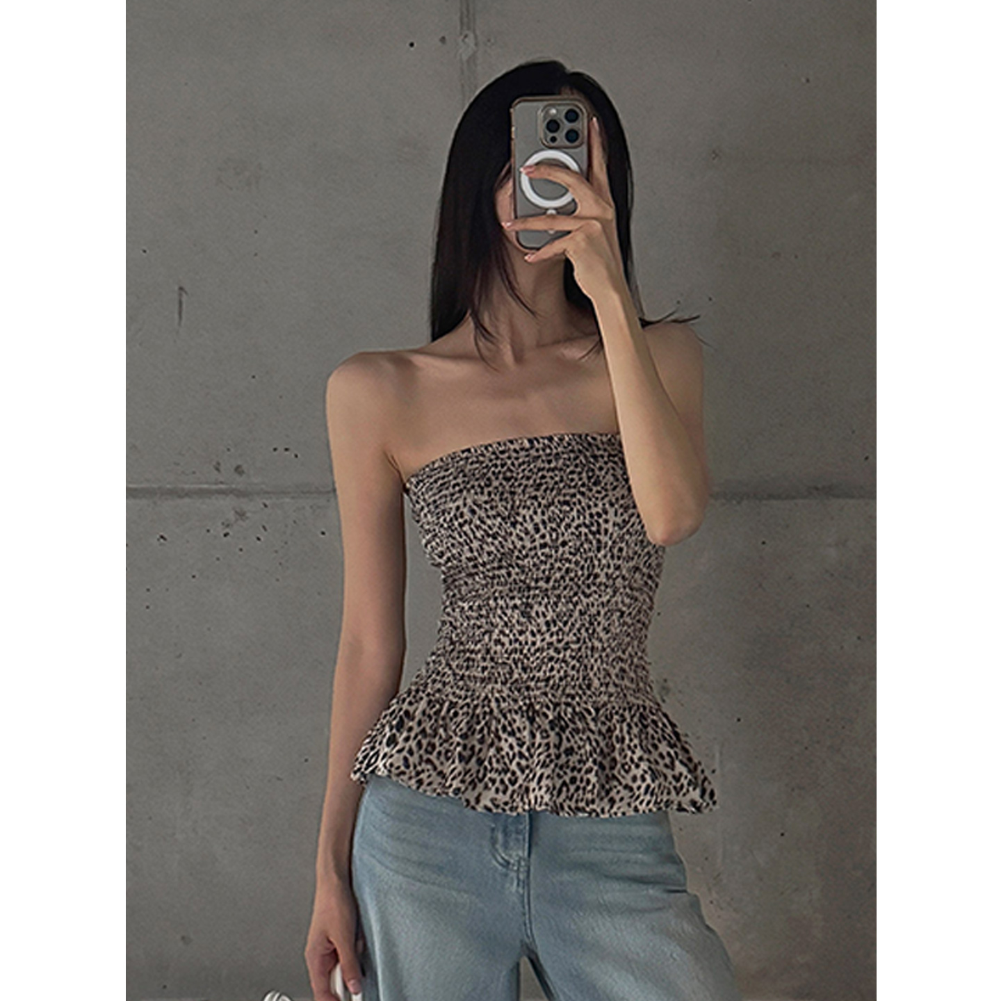 鬼鬼家正品韩代东大门秋girl复古美式辣妹豹纹抹胸收腰荷叶边上衣