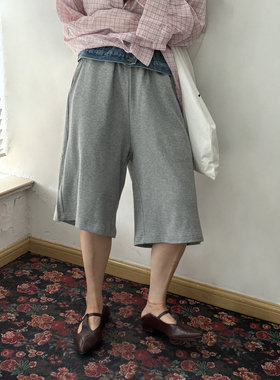 少量现货正品韩代东大门夏美式拼接牛仔腰头宽松显瘦百搭阔腿中裤