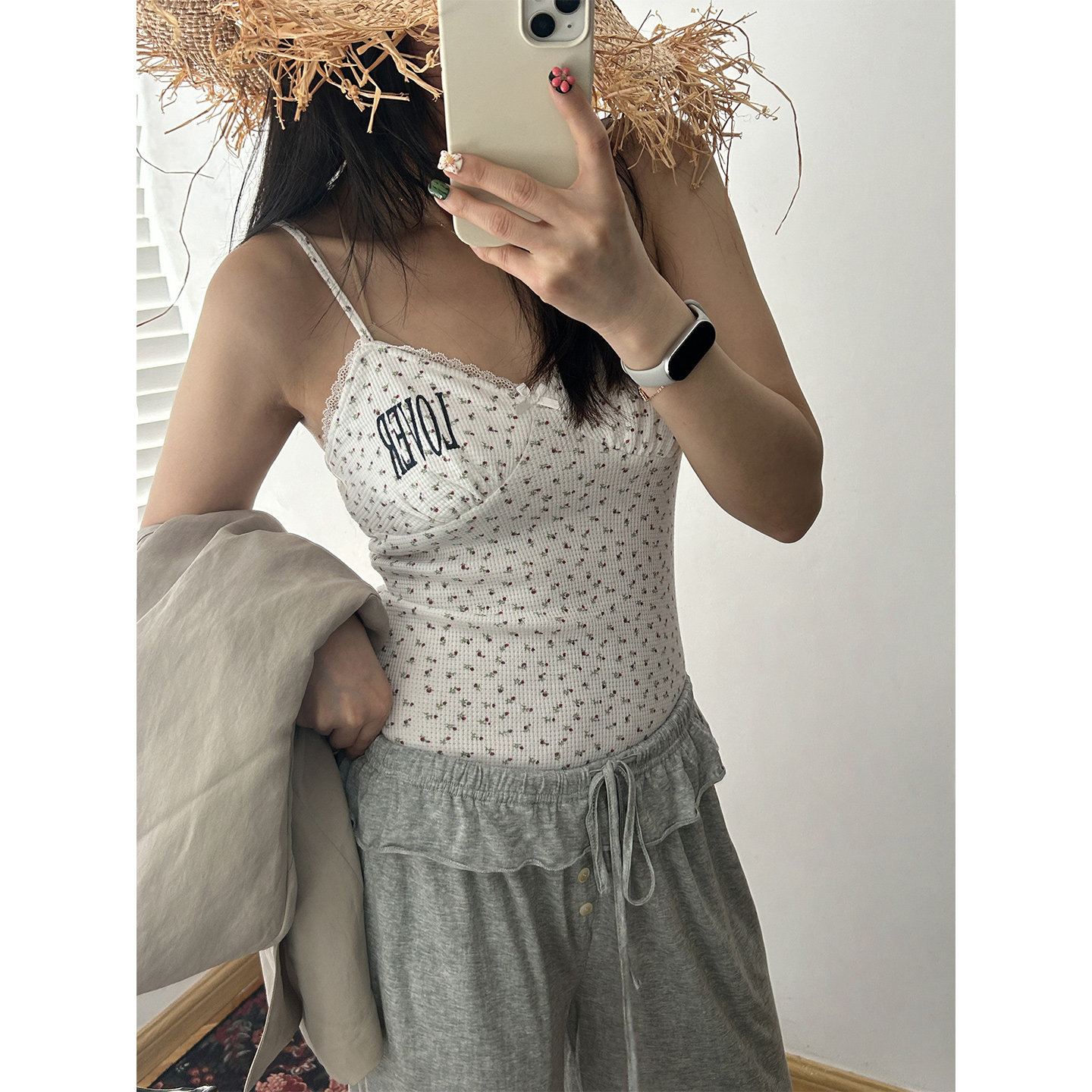 部分现货正品韩代东大门夏蕾丝拼接碎花字母华夫格侧拉链吊带背心