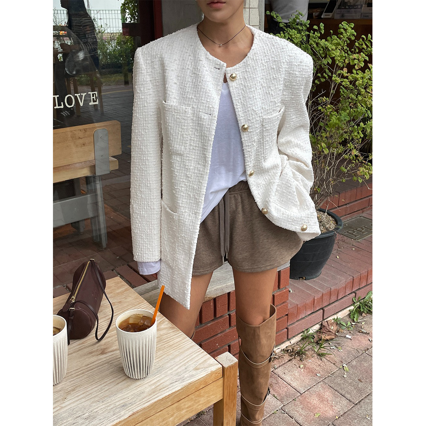 鬼鬼家正品韩代东大门秋冬 香香风纯色气质宽松大口袋单排扣外套