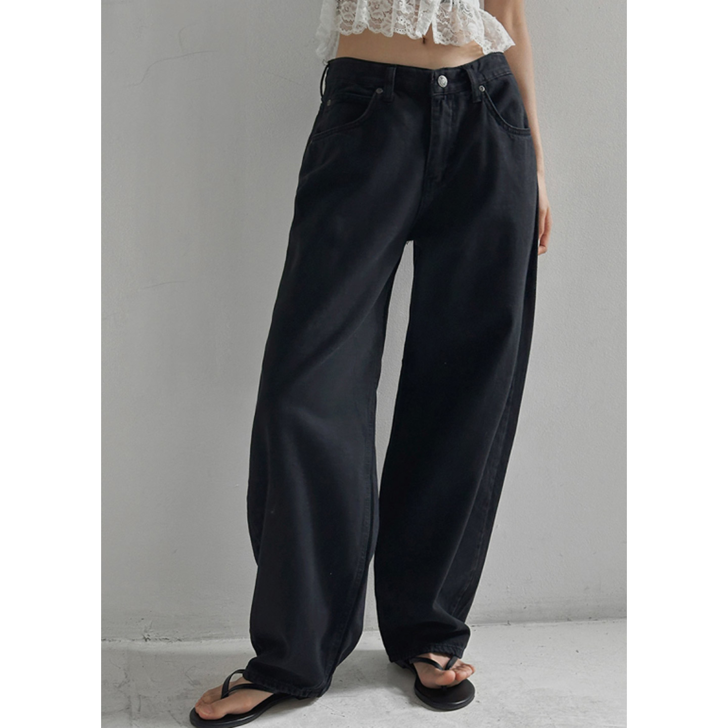 少量现货正品韩代东大门25夏girl黑色复古高腰显瘦牛仔裤拖地长裤