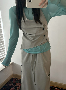 现货 正品韩代东大门夏 设计感挂脖吊带+抽绳开叉褶皱纽扣半身裙