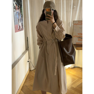 鬼鬼家正品 女神范儿宽松V领单排扣绑带收腰连衣裙 韩代东大门春夏