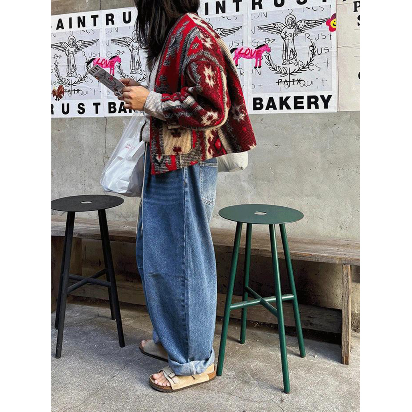 鬼鬼家正品韩代东大门秋 松弛感随性宽松水洗磨白阔腿牛仔裤长裤