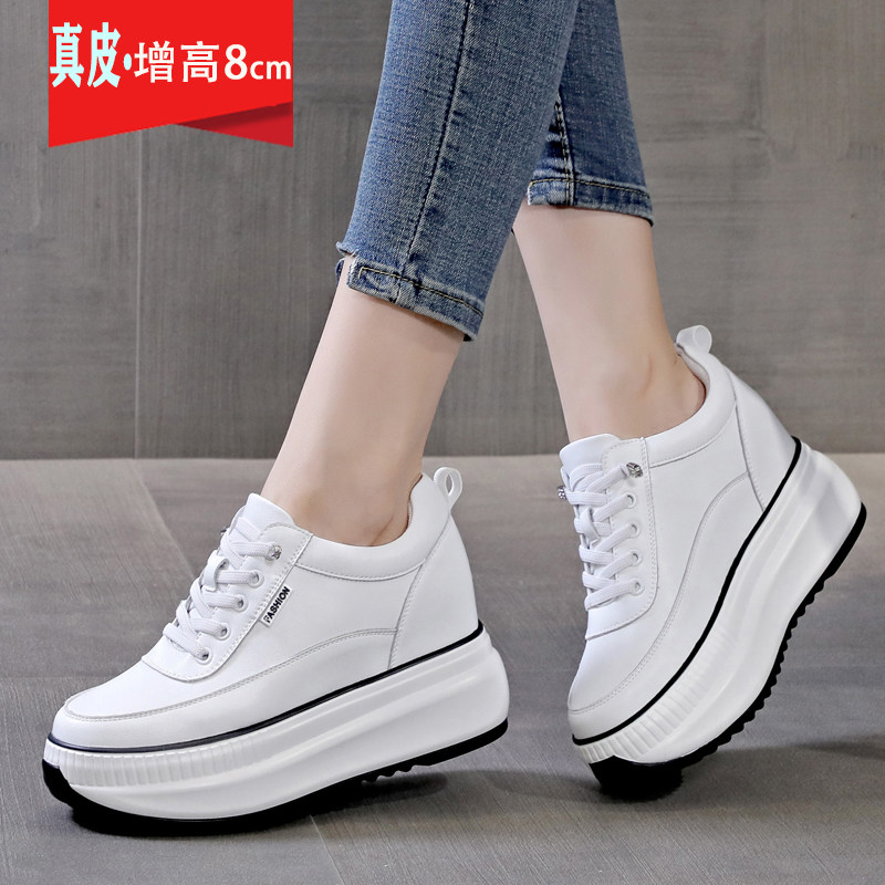 真皮爆款鞋子女2026新款厚底8cm内增高小白鞋松糕软底跑步运动鞋