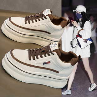 夏季网面内增高休闲板鞋女真皮厚底小白鞋女配裙子阔腿裤穿的鞋子