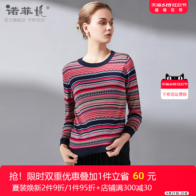 诺菲妮2025冬装新款女装时尚中年女士彩色条纹桑蚕丝针织衫毛衣女
