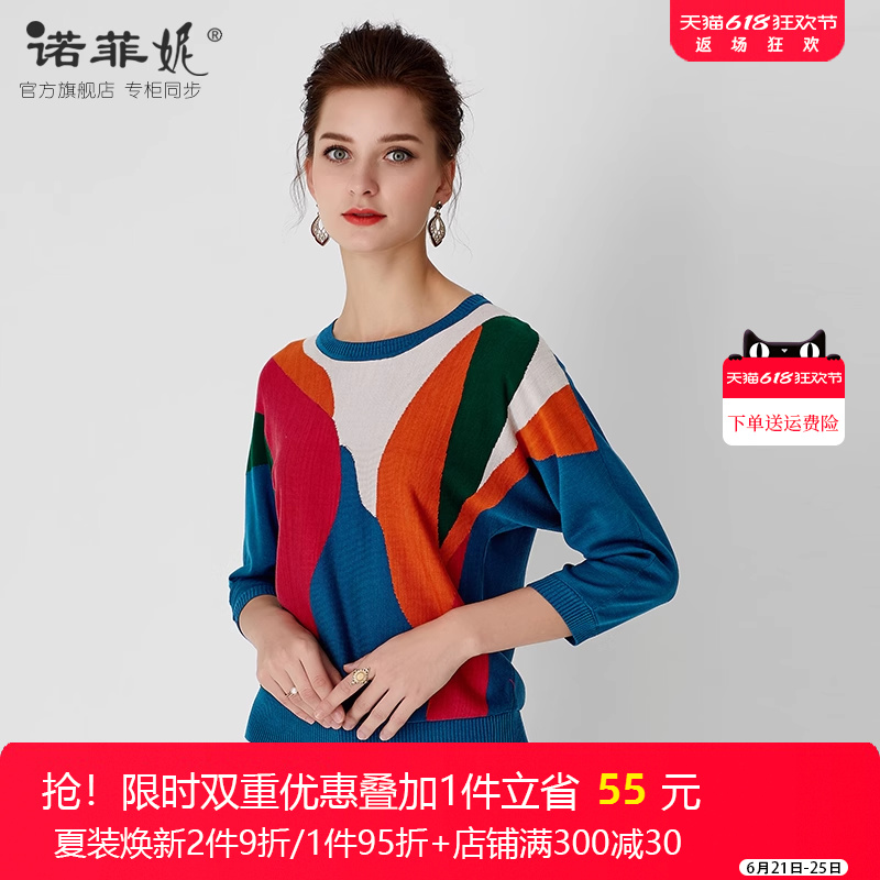 2025春装新款品牌女装彩色拼接桑蚕丝七分袖针织衫宽松蝙蝠袖毛衣