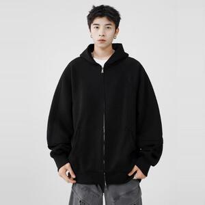 灰色开衫卫衣男春季新款美式宽松纯色高级感百搭帽衫外套