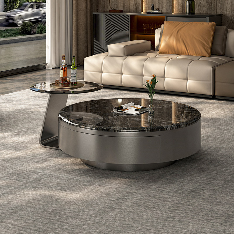 意式轻奢天然大理石茶几高端铂金钻圆茶几桌客厅家用玻璃边几组合