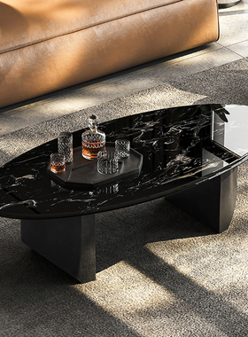 意式轻奢极简悬浮茶几现代高端大理石小户型天然黑玫瑰微晶石茶几